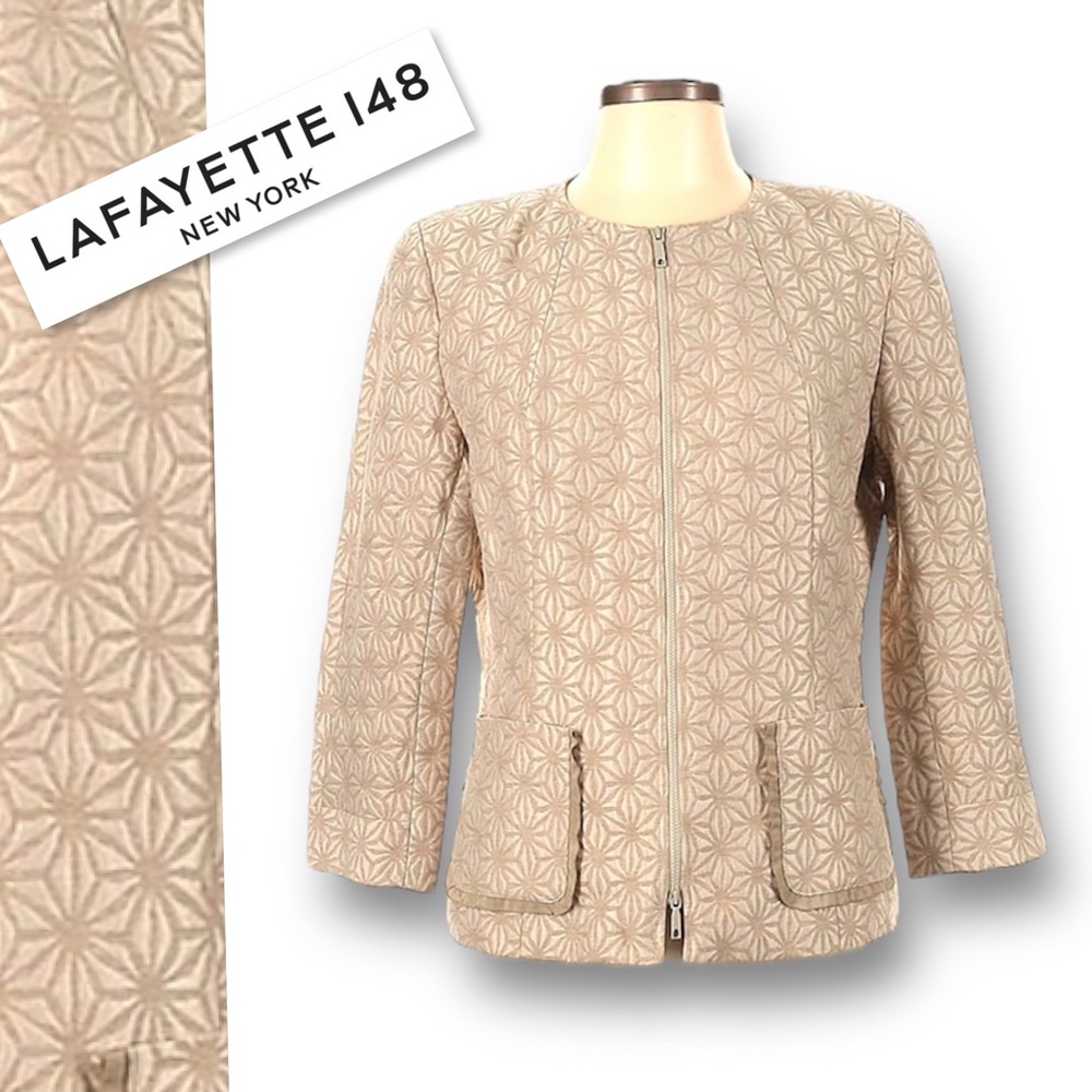 NWT LAFAYETTE 148 NY Moorish Mosaic Jacquard Collarless Jacket Blazer Beige Sz 0